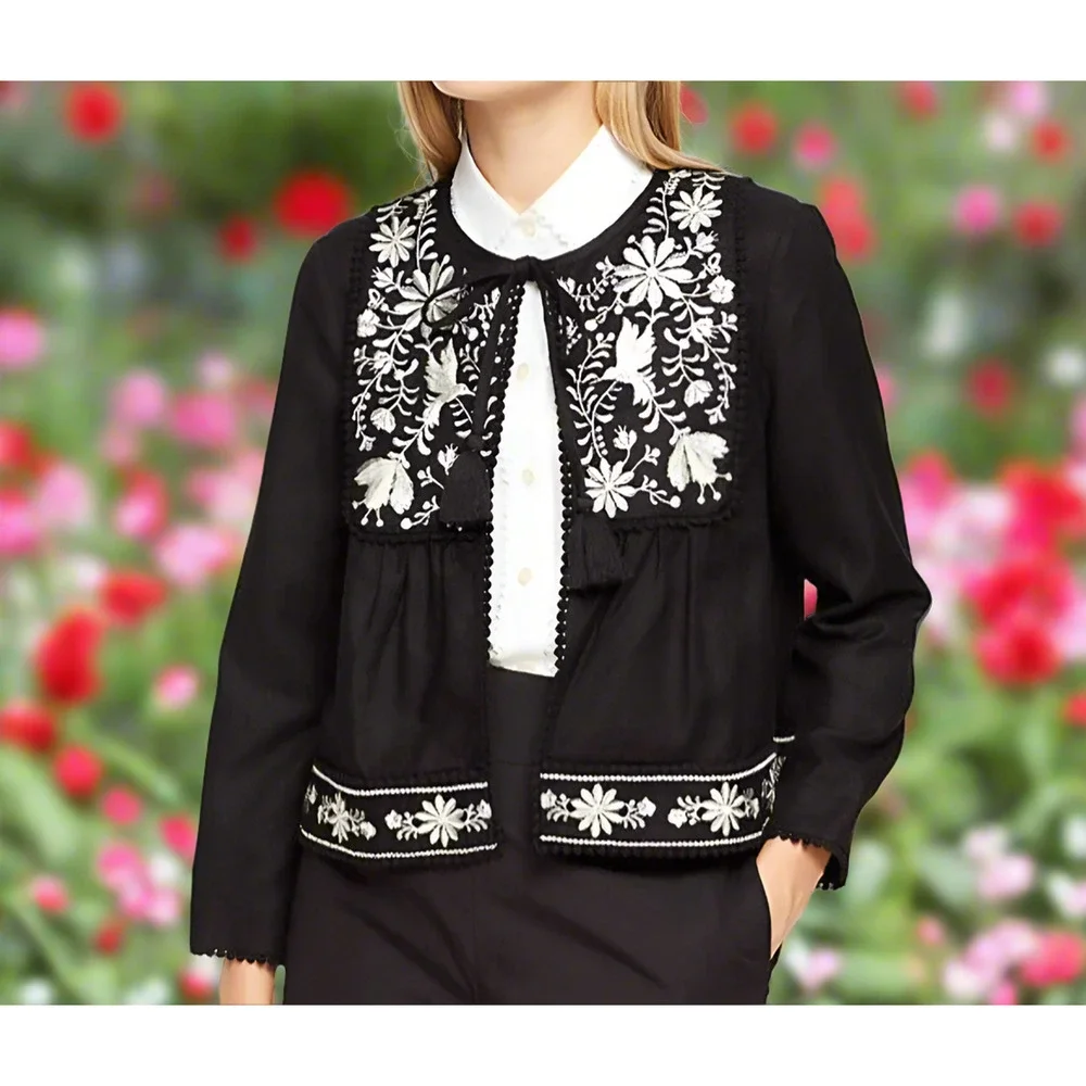Kate Spade Black Linen Blend Crop Jacket Floral Embroidery Womens Medium